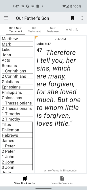 Image for OurFathersSon Android App home page showing Verse text synced to the time of day.