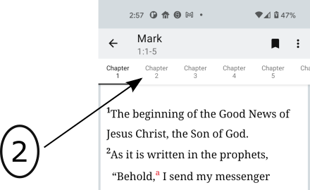 Image of the OFS app Verse text page an arrow pointing to Chapter tabs where you can select a Chapter number.