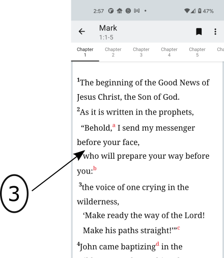 Image of the OFS app Verse text page an arrow pointing to Verse text.