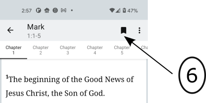 Image of the OFS app Verse text page where an arrow points an icon that creates a bookmark for the displayed Verses.