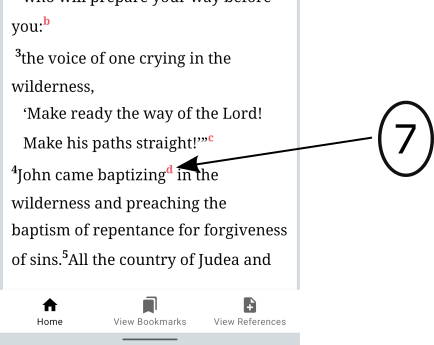 Image of the OFS app Verse text page where an arrow points an foortnote and reference indicator for this text.