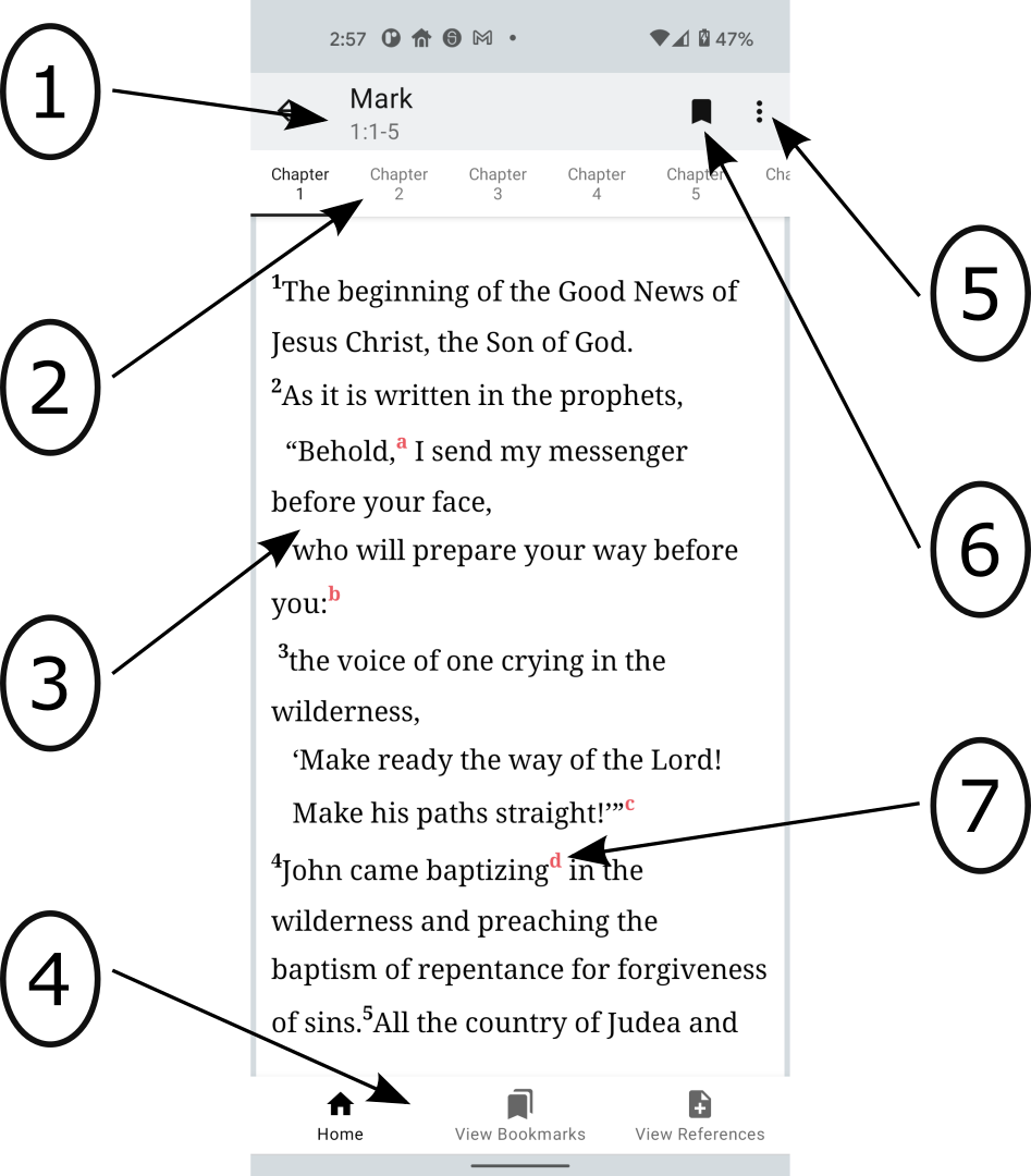 Image of the OFS app Verse text page with arrows pointing to important content.