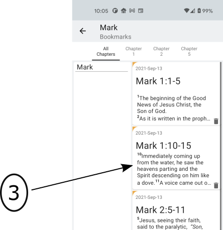 Image of the OFS app Bookmark page with an arrow pointing to a snippet of bookmarked Verse text.