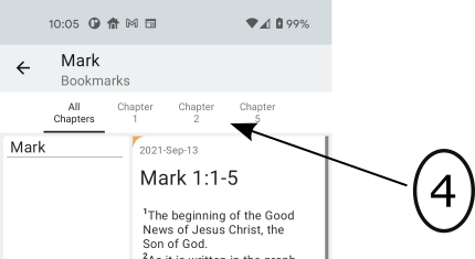Image of the OFS app Bookmark page with an arrow pointing to Chapter tabs for this Book.