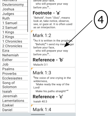 Image of the OFS app Reference/Footnote page with an arrow pointing to a snippet of bookmarked Verse text.