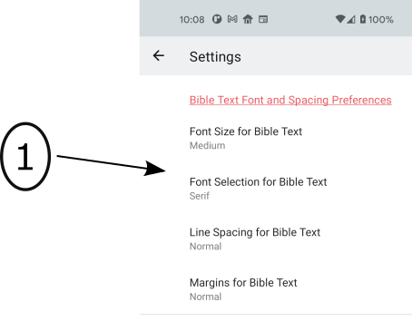 Image of the OFS app Settings page with an arrow pointing to Verse text settings.
