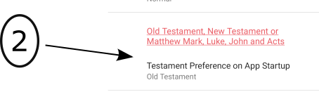 Image of the OFS app Settings page with an arrow pointing to Testament preferences on app start.
