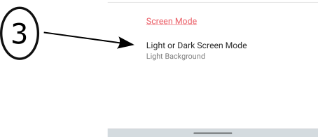 Image of the OFS app Settings page with an arrow pointing to screen dark or light screen mode.