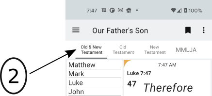 Image of the OFS app home page with arrow pointing to filter tab selectors for Testaments such as Old and New.