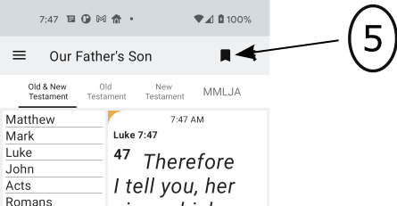 Image of the OFS app home page with arrow pointing to icon which creates a bookmark for te displayed verse.