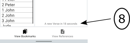 Image of the OFS app home page with arrow pointing to countdown of how many seconds until a new random Verse appears.