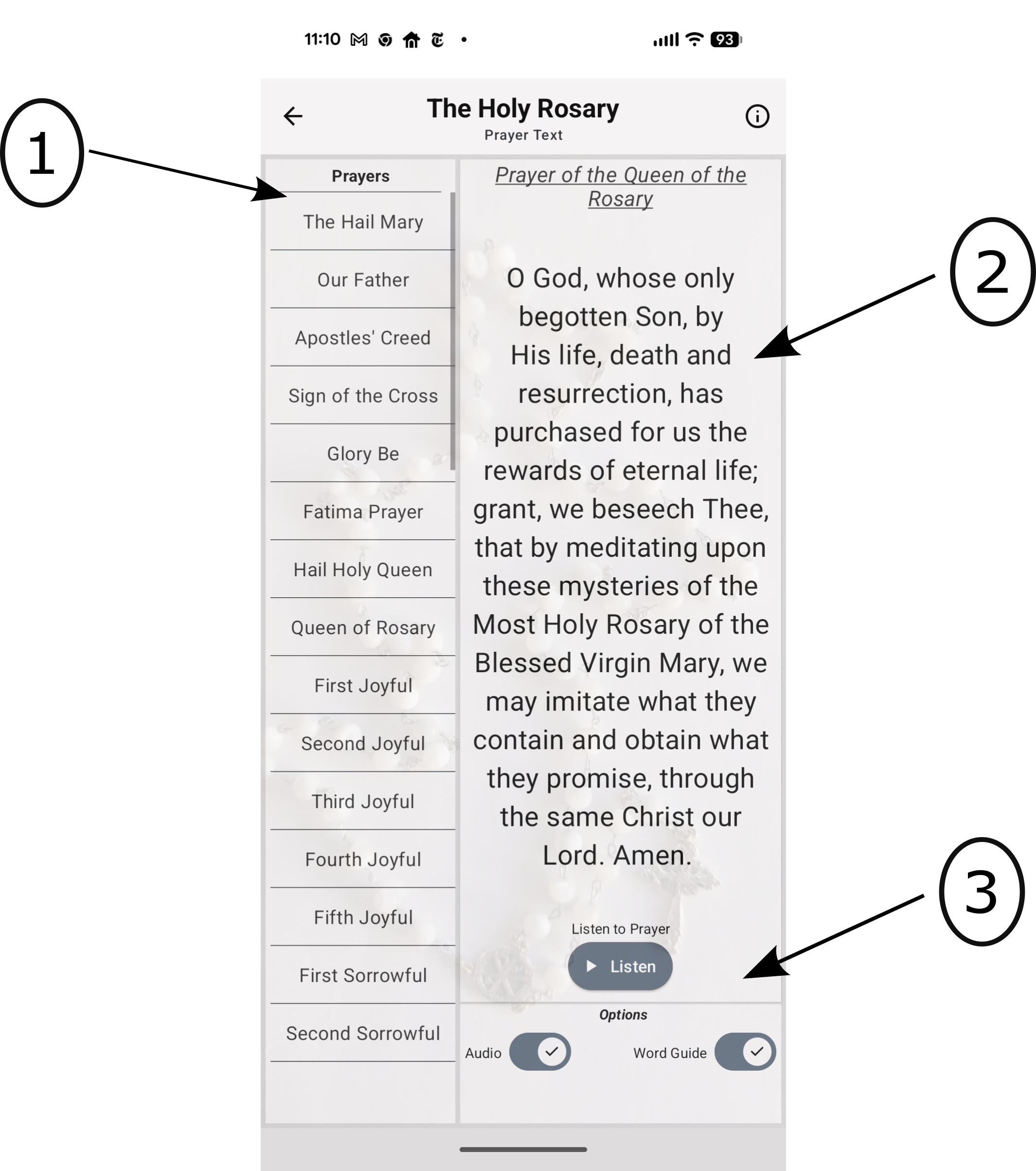 Screen showing the list and text of individual Rosary prayers.