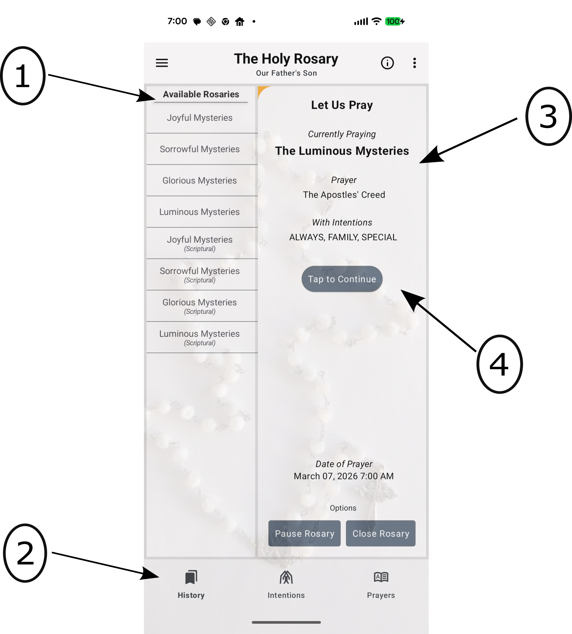 Main selection and navigation screen for the Scriptural Rosary app.