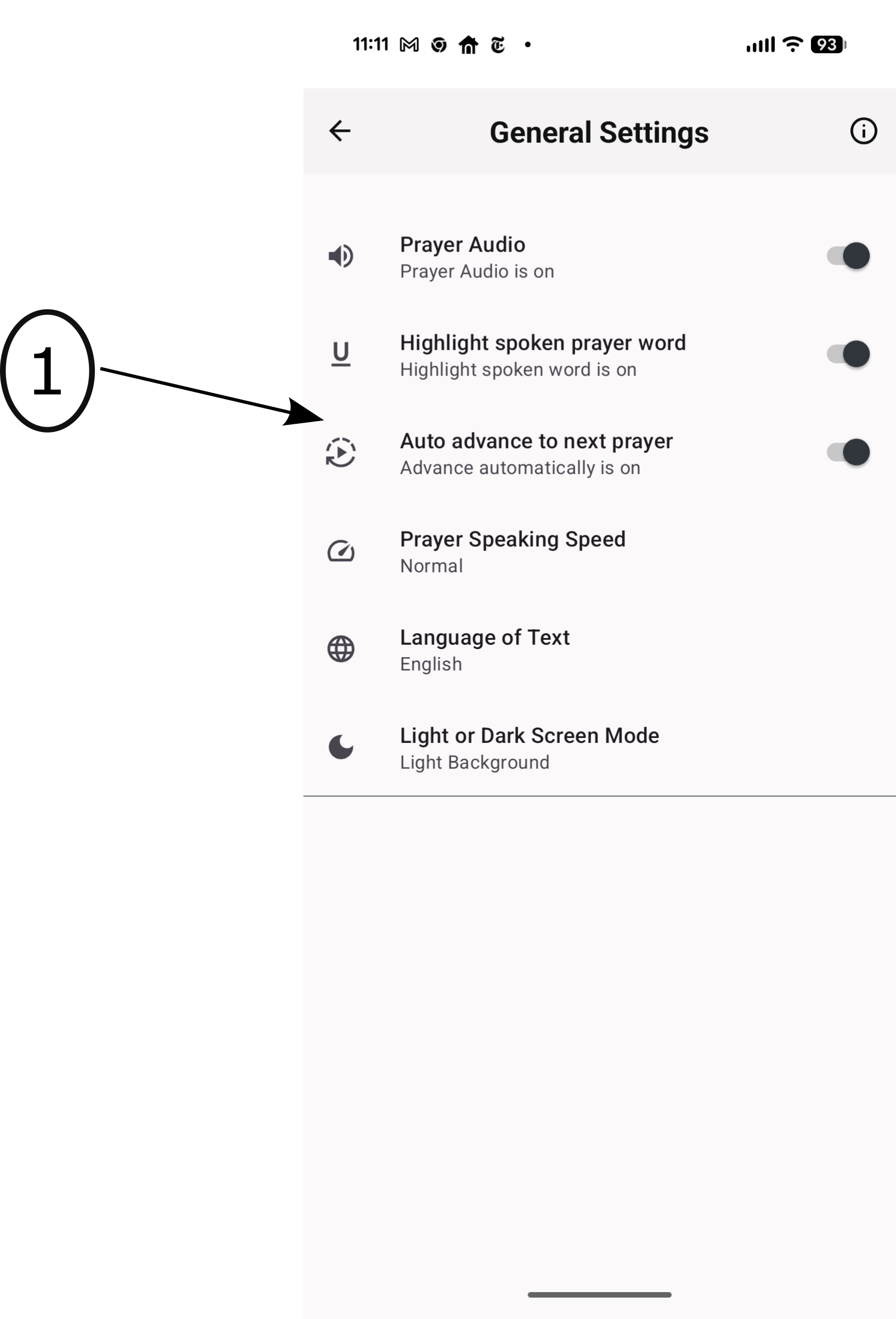 Settings screen of the Scriptural Rosary app showing customization options.