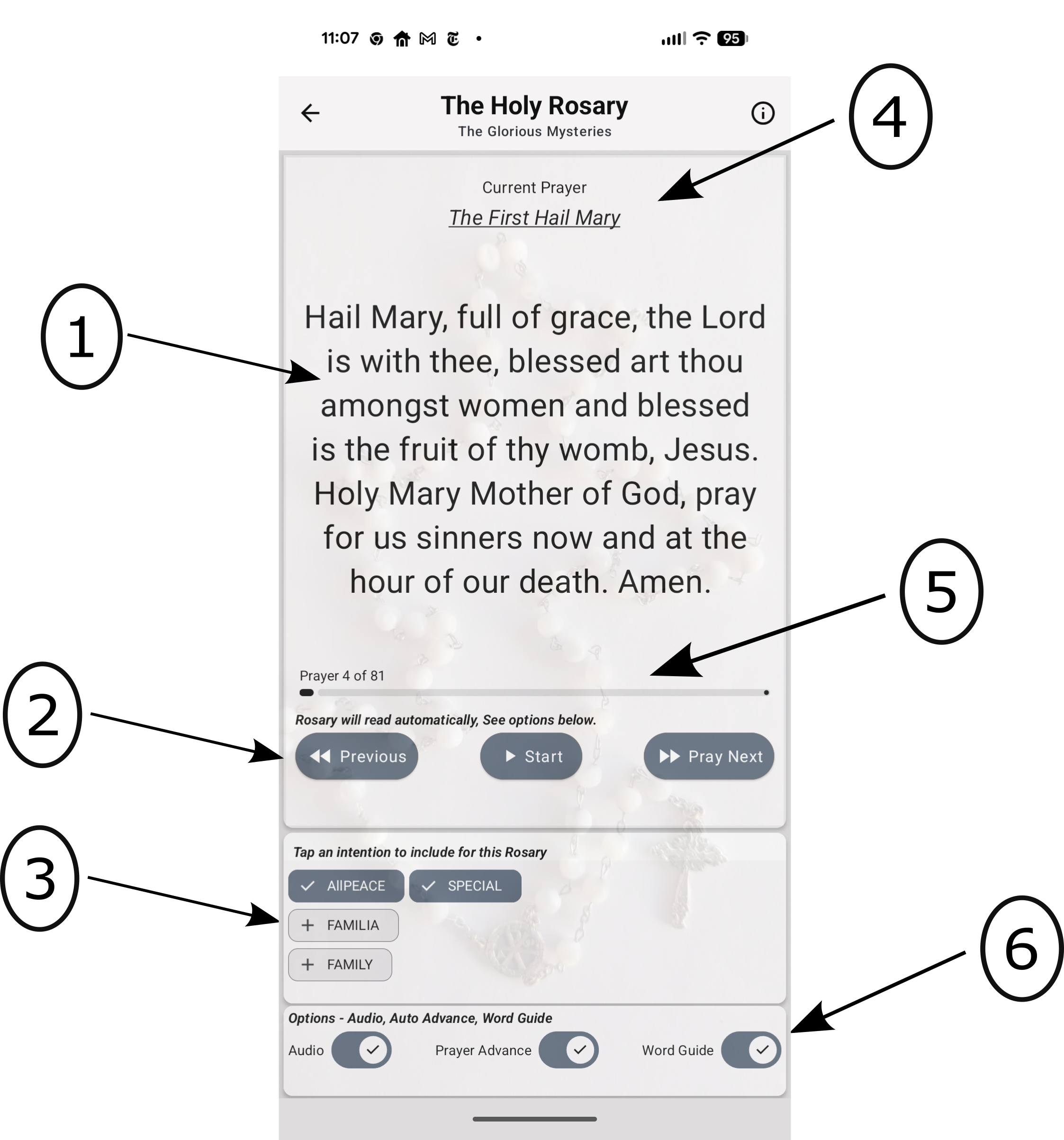 Instructional image showing the prayer screen of the Scriptural Rosary app.