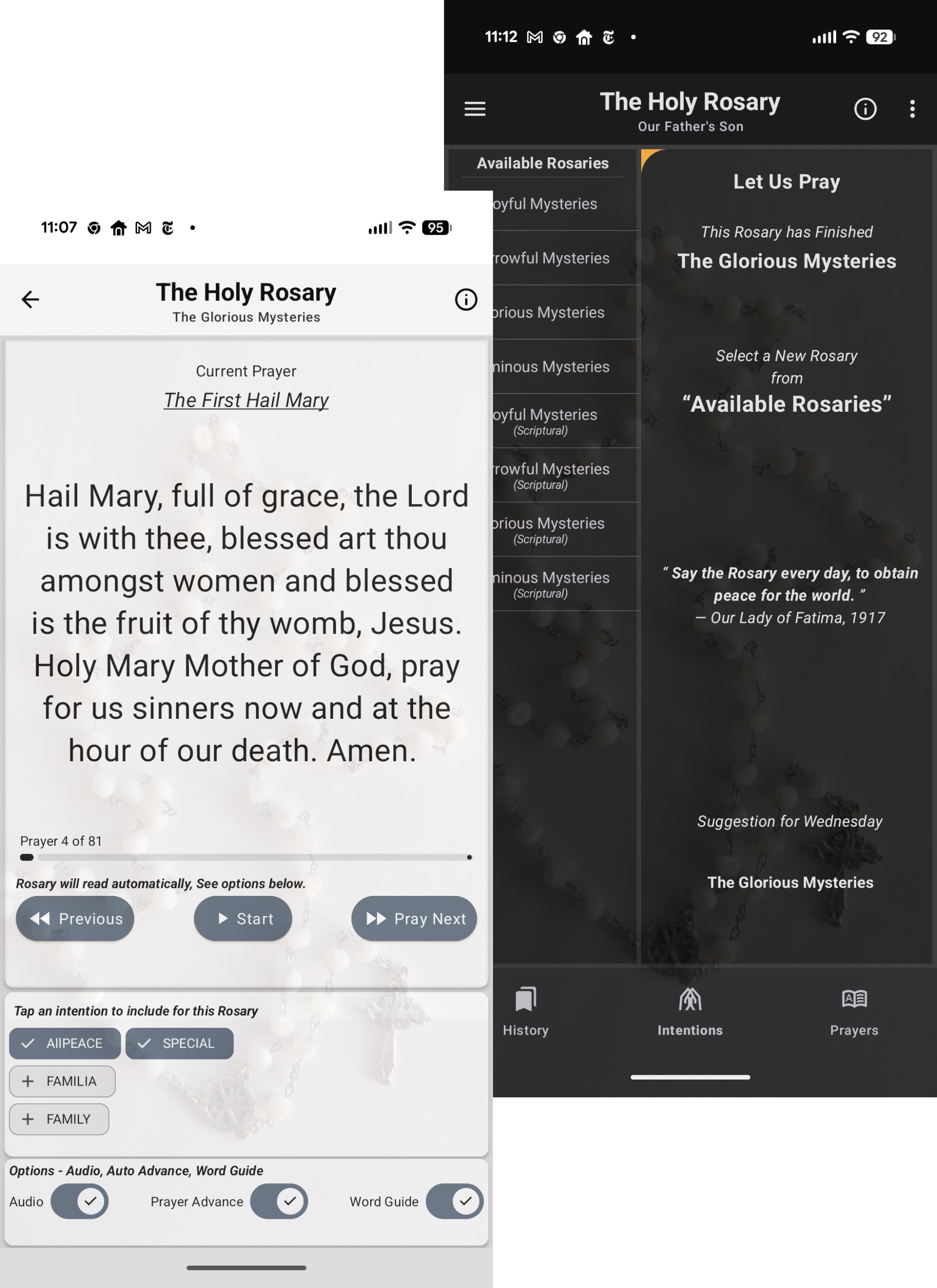 Image for Scriptural Rosary, OurFathersSon showing prayer page and intentions page.