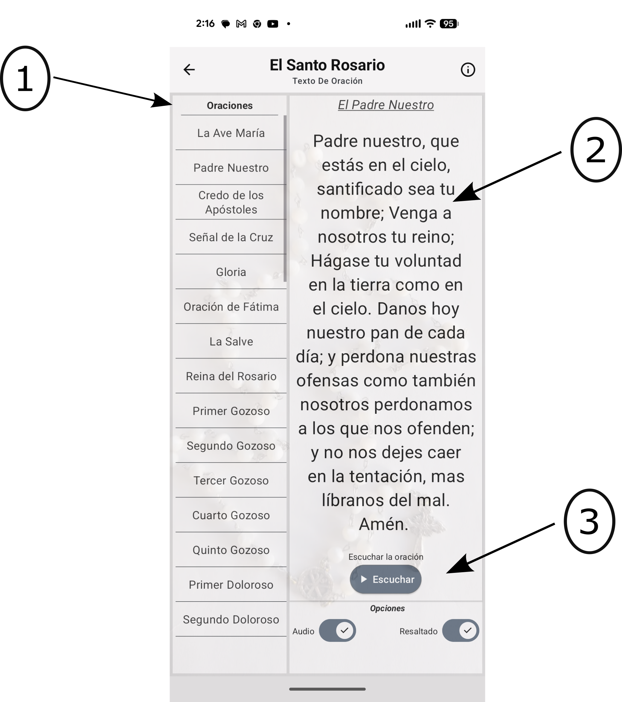 Pantalla que muestra la lista y el texto de las oraciones individuales del Rosario.