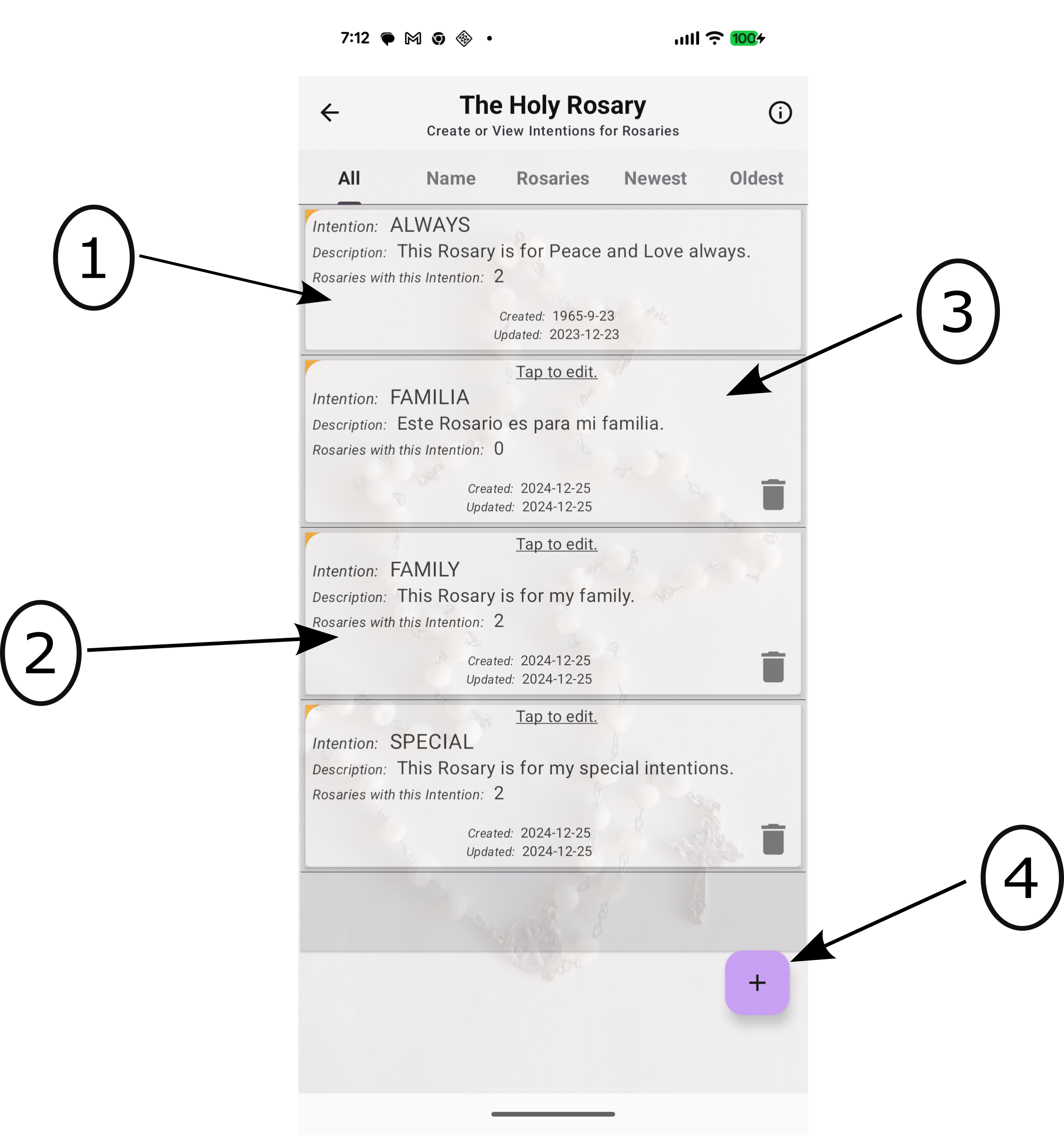 Pantalla de intenciones que muestra una lista de peticiones de oración y recuentos de oración.