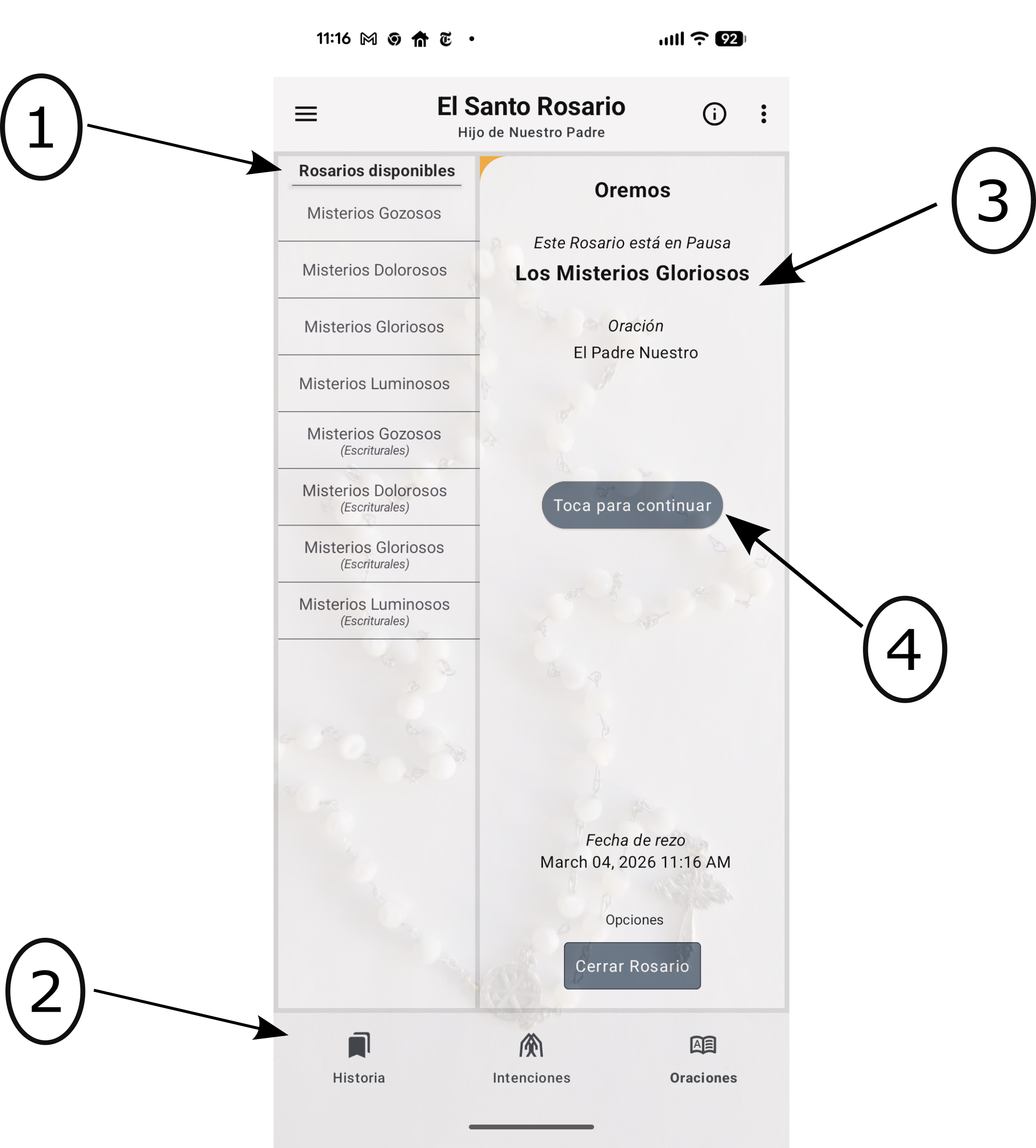 Pantalla principal de selección y navegación de la aplicación Scriptural Rosary, El Hijo de Nuestro Padre.