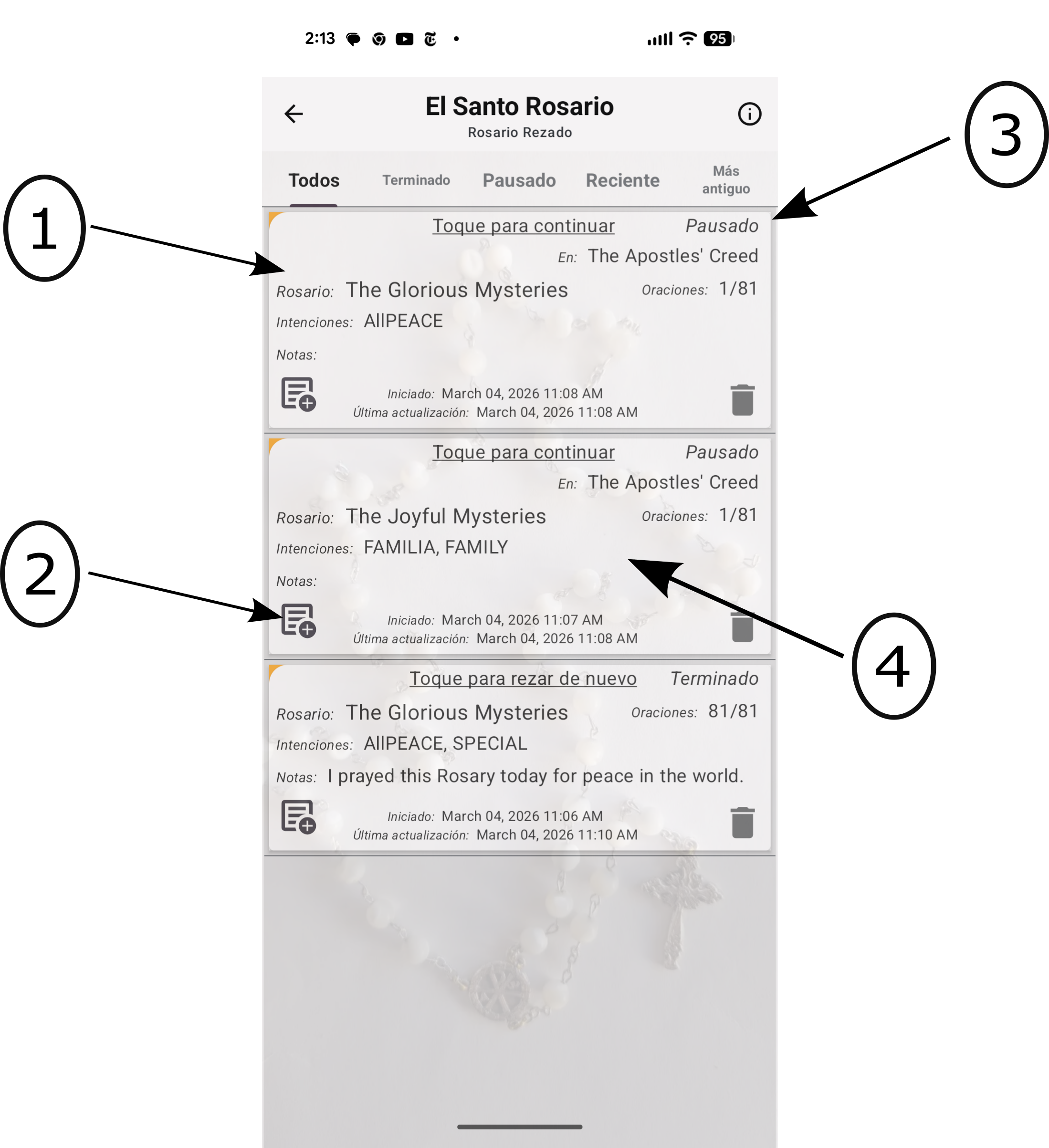 Pantalla de historial que muestra registros de Rosarios rezados y sus estados.