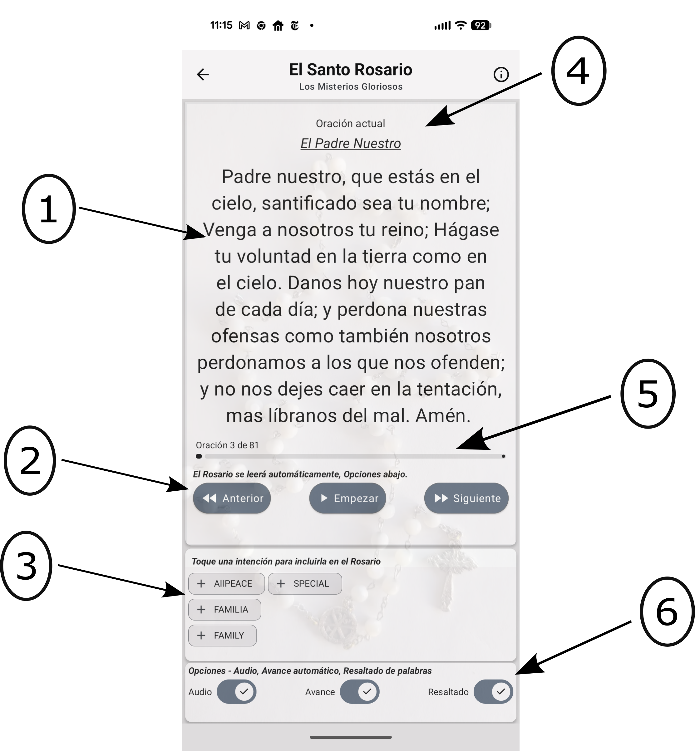 Imagen instructiva que muestra la pantalla de oración de la aplicación Scriptural Rosary, El Hijo de Nuestro Padre.
