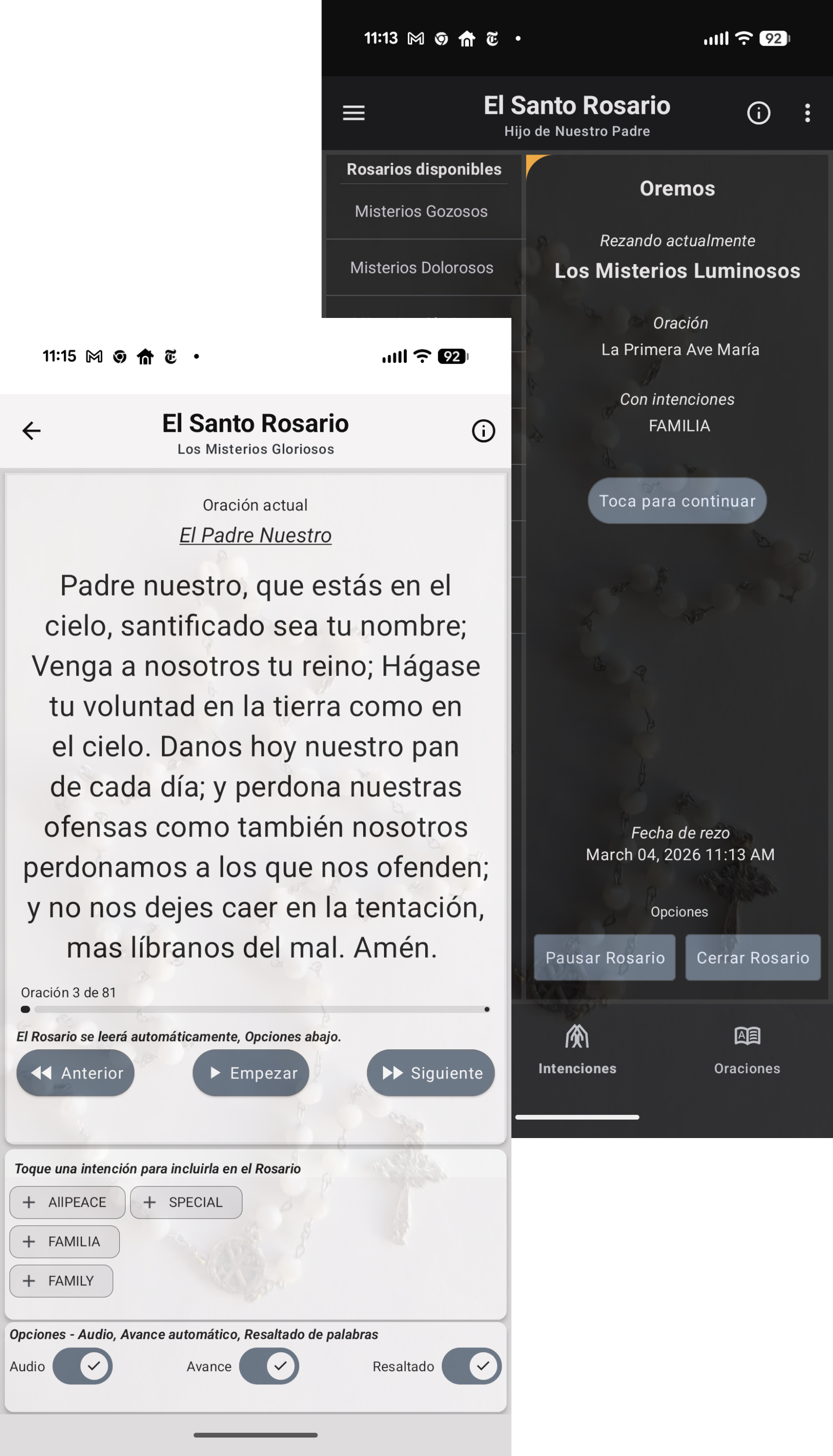 Imagen de Scriptural Rosary, El Hijo de Nuestro Padre que muestra la página de oración y la página de intenciones.
